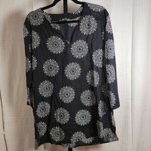 Kiki Sol Women's L Cover Up Tunic Top Black White Medallion Cotton Long Sleeve